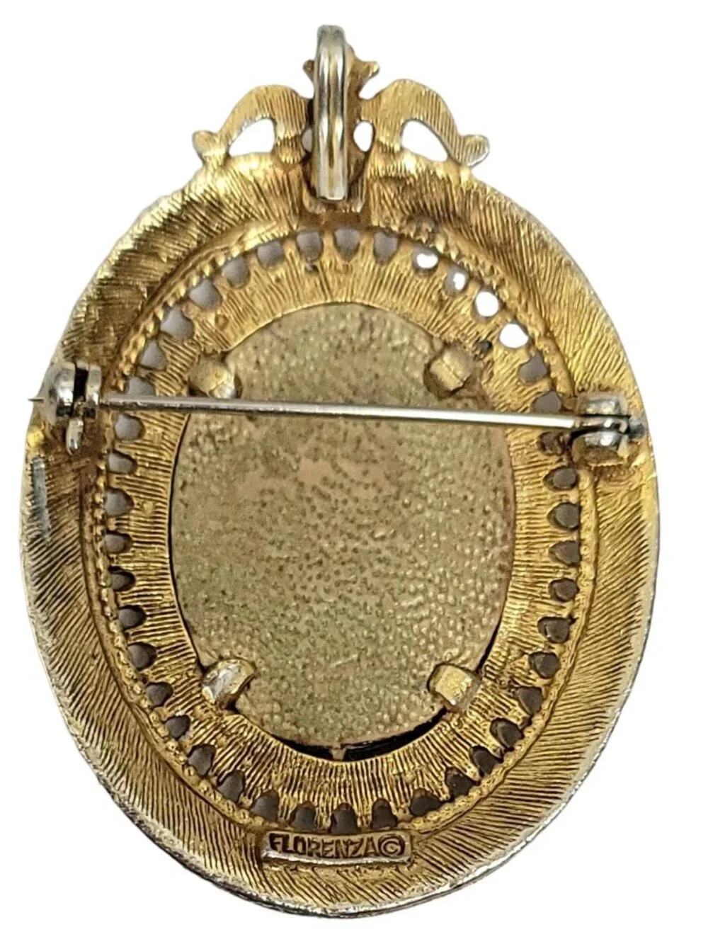 Florenza Gold-Tone Filigree Oval Cameo Photo Brooch Pin Pendant, Signed